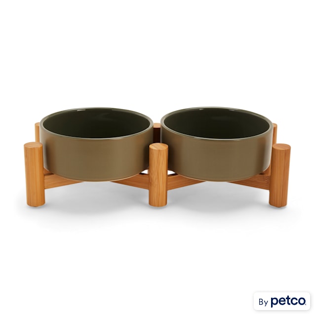 Reddy Sage & Olive Ceramic & Bamboo Elevated Dog Double Diner, 3 Cups - Carousel image #1