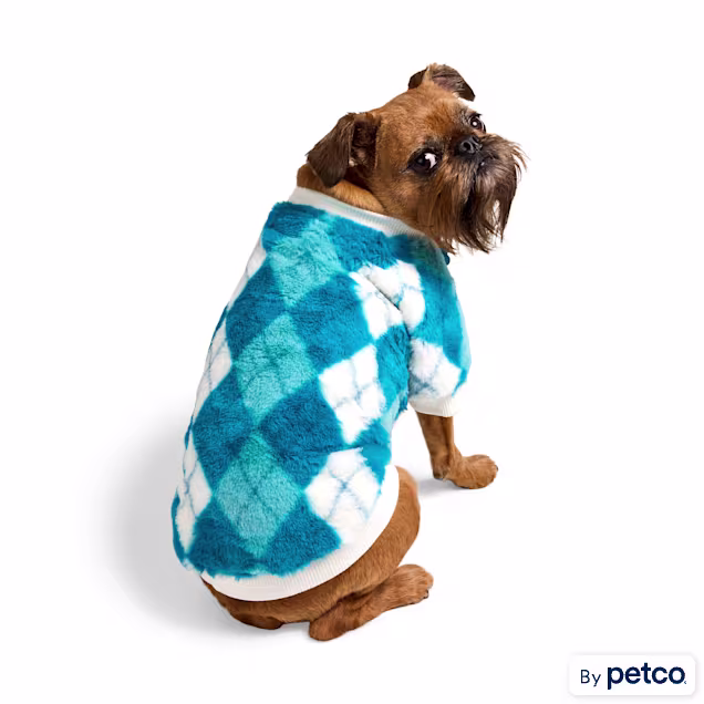 YOULY Fuzzy Plaid Dog Crewneck, XX-Small, Blue - Carousel image #1