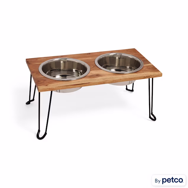 EveryYay Elevated Wood Metal Legs with Stainless Steel Double Diner Dog Bowls, 6 Cups - Carousel image #1