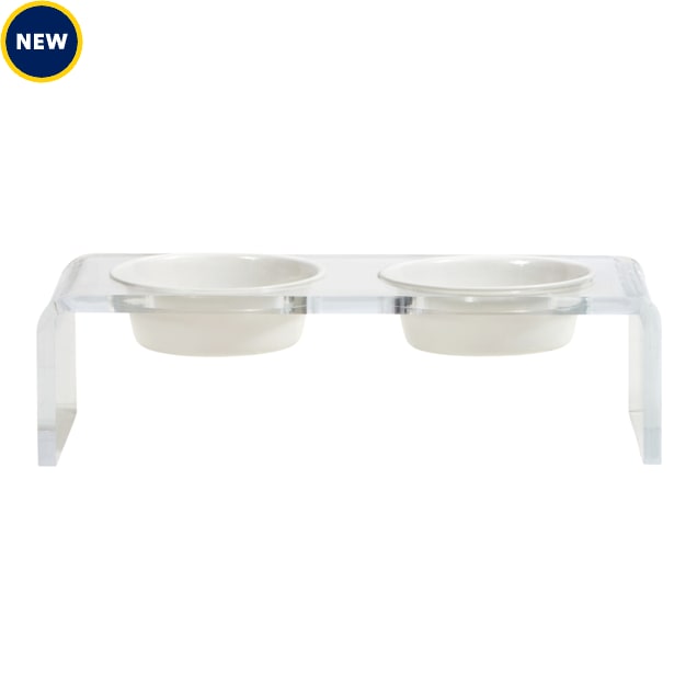 Large Clear Double Dog Bowl Feeder with Gold Bowls