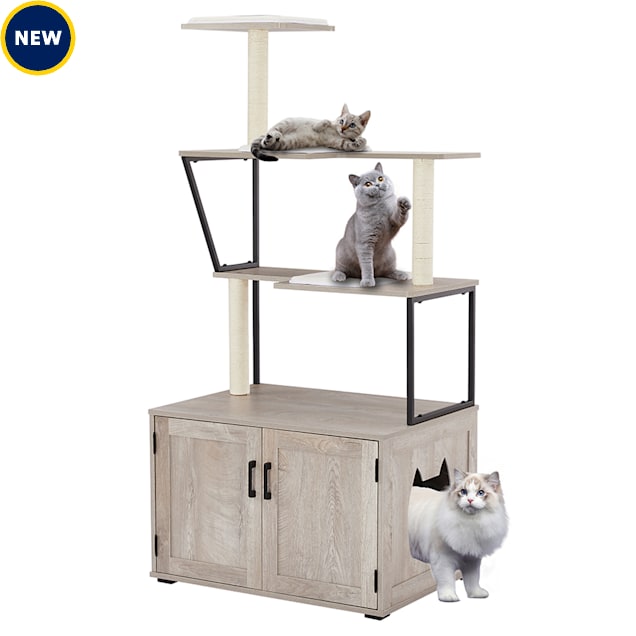 Unipaws Gray Litter Box Enclosure with Cat Tree Tower 30.7