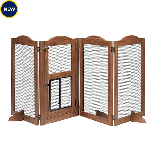 Unipaws 4 Panel Walnut Free Standing Pet Gate with Small Cat Door