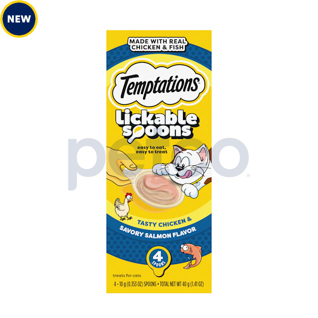 Temptations Lickable Spoons Tasty Chicken and Savory Salmon Flavor Adult Wet Cat Treat, 1.41 oz., Pack of 4 - Carousel image #1