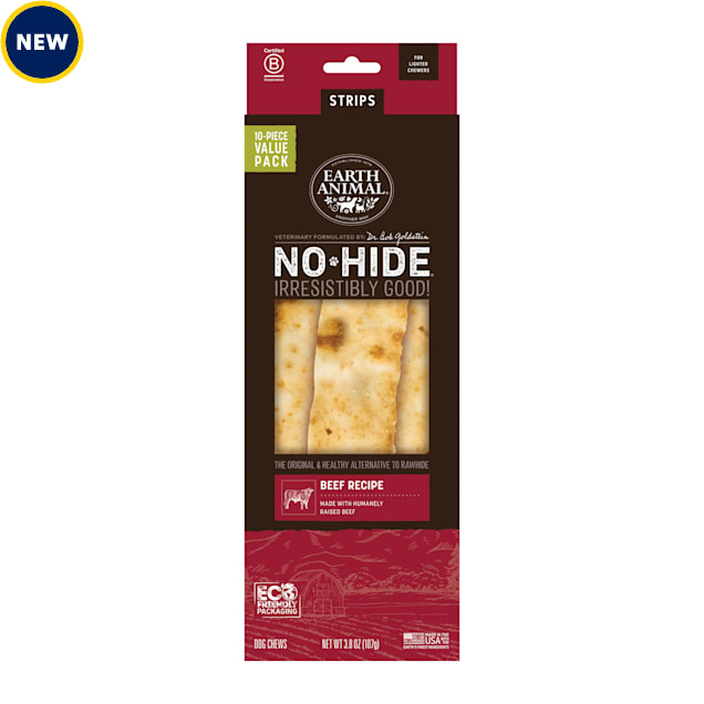 Earth Animal No-Hide Strips Beef Recipe Thin Natural Rawhide Alternative Dog Chew Treats, 3.8 oz., Count of 10 - Carousel image #1