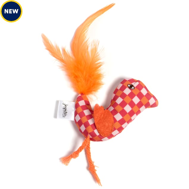 Jupiter Checker Orange Feathered Plush Plover Catnip Toy, Small - Carousel image #1