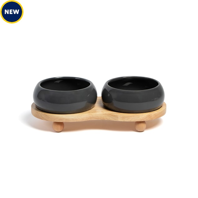 Jupiter Grey Ceramic Wood Elevated Double Diner Cat Bowl, 1.65 Cups - Carousel image #1