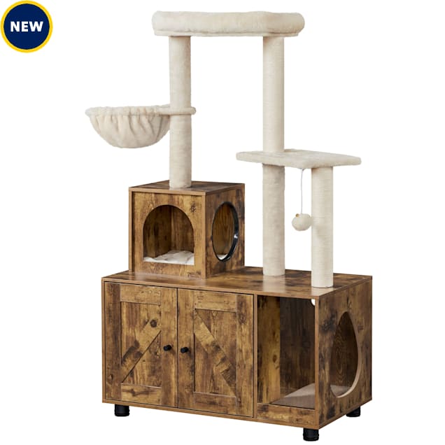 Topeakmart Hidden Litter Box Enclosure with Cat Tree Tower 31.5 L X 17.7 W X 53 H Rustic Brown Beige