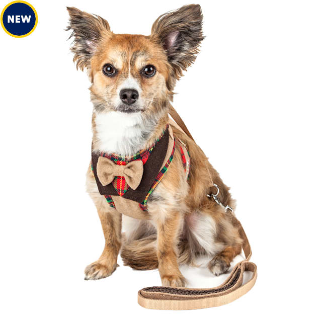 Pet Life Luxe Dapperbone 2 in 1 Mesh Reversed Adjustable Dog Harness Leash w Fashion Bowtie Brown
