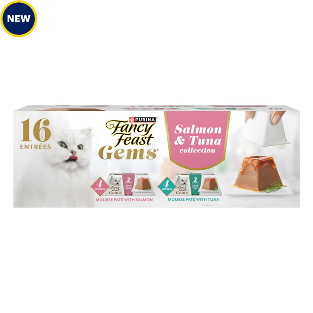 Purina Fancy Feast Gems Mousse Pate Salmon and Tuna Topped with Savory Gravy Wet Cat Food Variety Pack, 4 oz., Count of 8 - Carousel image #1