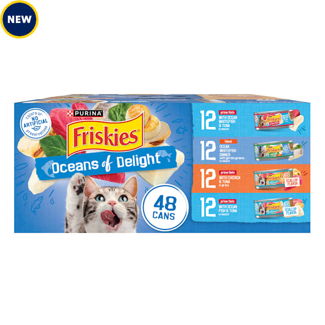 Purina Friskies Oceans of Delight Flaked and Prime Filets Wet Cat Food Variety Pack, 5.5 oz., Count of 48 - Carousel image #1