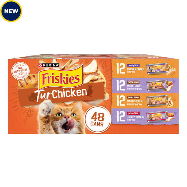 Purina Friskies TurChicken Extra Gravy Chunky, Meaty Bits and Prime Filets Wet Cat Food Variety Pack, 5.5 oz., Count of 48 - Carousel image #1