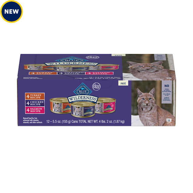 Blue Buffalo Wilderness Chicken, Salmon, Turkey High Protein, Adult Pate Wet Cat Food Variety Pack, 5.5 oz., Count of 12 - Carousel image #1