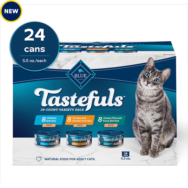 Blue Buffalo Tastefuls Chicken, Turkey & Chicken, Ocean Fish & Tuna Entrees Wet Cat Food Pate Variety Pack, 5.5 oz., Count of 24 - Carousel image #1