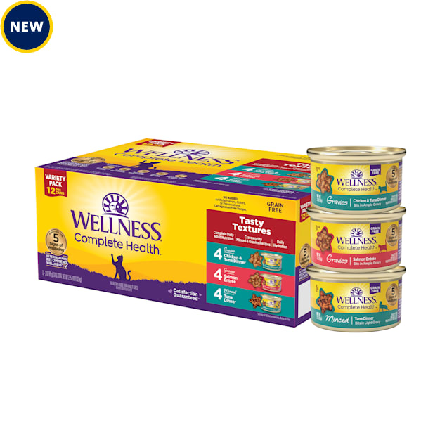 Wellness Complete Health Tasty Textures, Salmon, Tuna and Chicken Recipes Natural Wet Cat Food Variety Pack, 3 oz., Pack of 12 - Carousel image #1