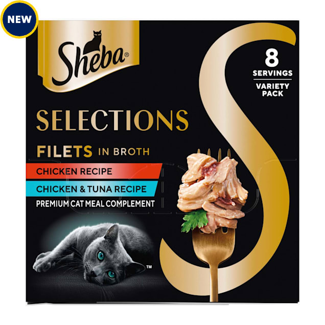 Sheba Selections Filets in Broth Cat Meal Complement Chicken or Tuna Recipe Variety Pack, 1.3 oz., Count of 8 - Carousel image #1