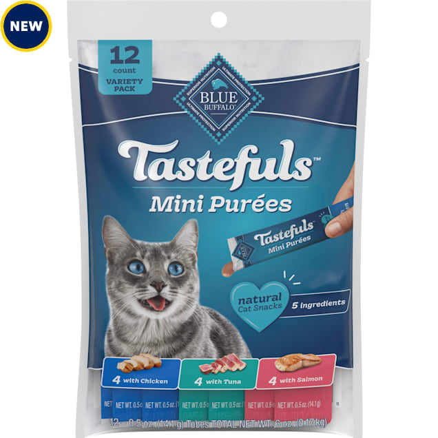 Blue Buffalo Tastefuls Mini Purees Chicken,Tuna,Salmon Adult Cat Natural Single-Serving Snack Variety Pack, 0.5 oz., Count of 12 - Carousel image #1