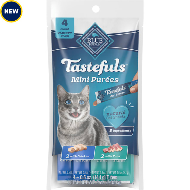 Blue Buffalo Tastefuls Mini Purees Chicken and Tuna Adult Cat Natural Single-Serving Snack Variety Pack, 0.5 oz., Count of 4 - Carousel image #1