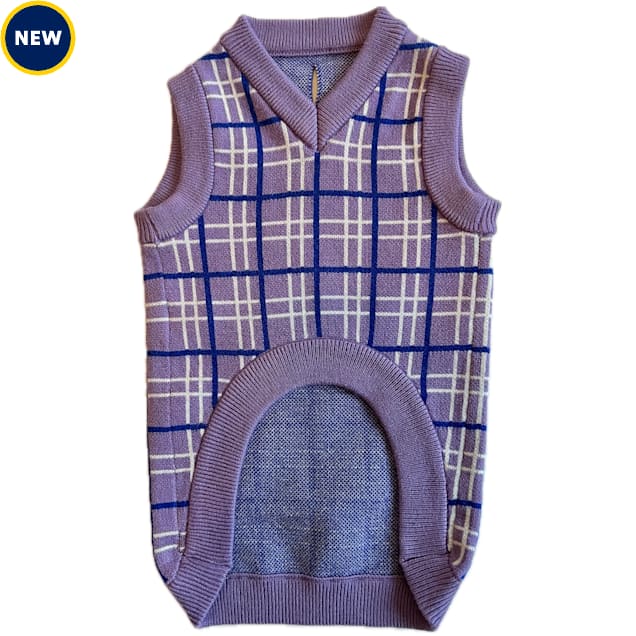 The Howls Lavender Plaid Dog Sweater Vest, Lavender, Small - Carousel image #1