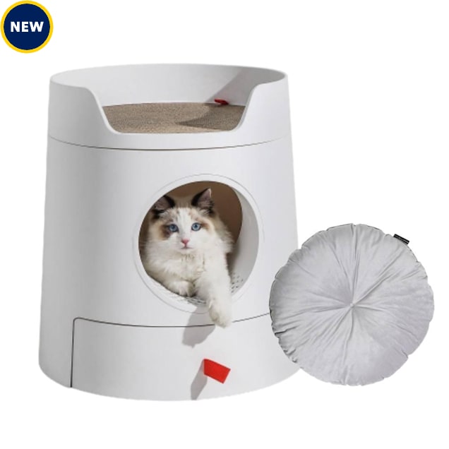 Michu Castle 2-in-1 Semi- Closed Cat Litter Box with Scratch Basin & Scoop Included, White with Round Cushion, X-Large - Carousel image #1