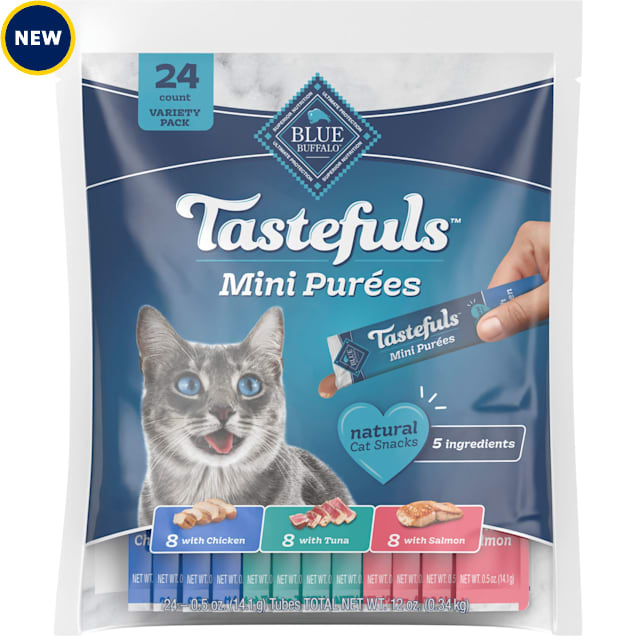 Blue Buffalo Tastefuls Mini Purees, Adult Cat Natural Single-Serving Snack Variety Chicken, Tuna, and Salmon, 0.5 oz., Count 24 - Carousel image #1