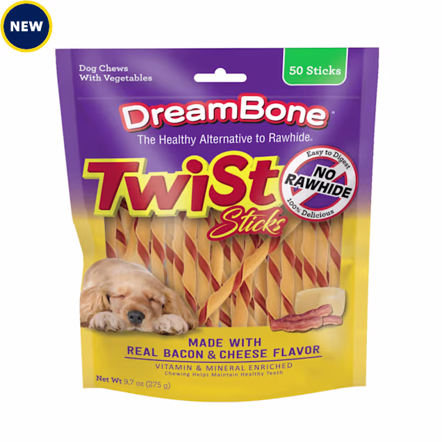 DreamBone Made with Real Bacon and Cheese Twist Sticks Dog Chews, 9.7 oz., Count of 50 - Carousel image #1