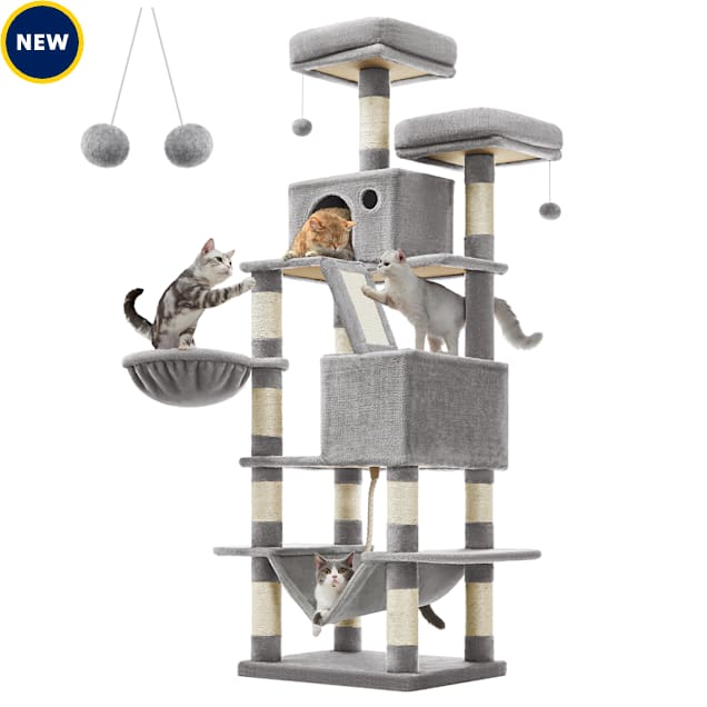 SONGMICS HOME 66.1-Inch Large Cat Tower with 13 Scratching Posts, 2 Perches, 2 Caves, Hammock, Basket & Pompoms, Light Gray - Carousel image #1