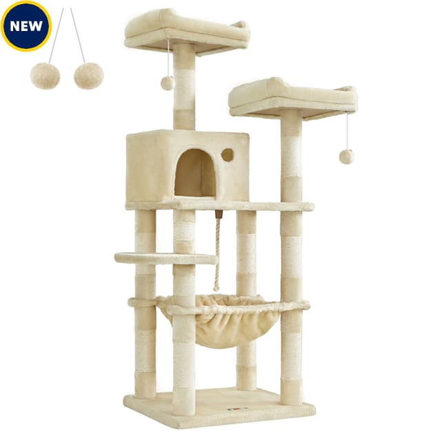 SONGMICS HOME 56.3-Inch Cat Tower - Multi-Level Cat Tree Condo with 11 Scratching Posts, 2 Perches, Hammock & Cave, Beige - Carousel image #1