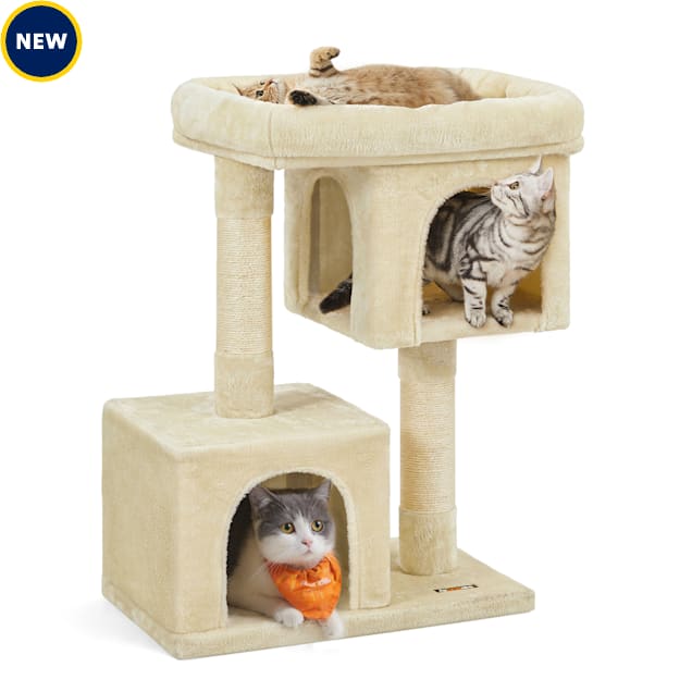 SONGMICS HOME 33.1-Inch Large Cat Tower, Cat Tree with 2 Caves, Scratching Post & Spacious Perch for Cats up to 16 lb, Beige - Carousel image #1