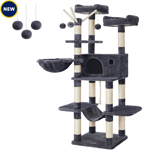 SONGMICS HOME 64.6-Inch Large Cat Tower Activity Center with Hammock, Basket, Removable Fur Ball Sticks & Condo, Smoky Gray - Carousel image #1