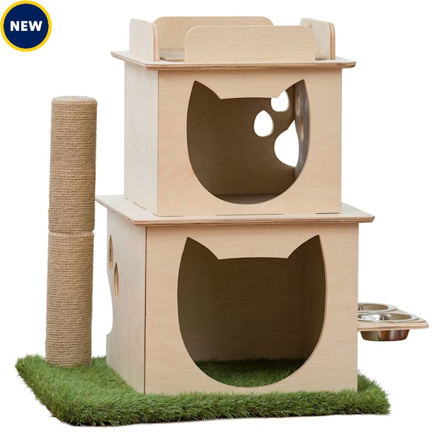On2Pets Indoor TwoStory Wooden Cat Loft with Scratching Post & Feeder