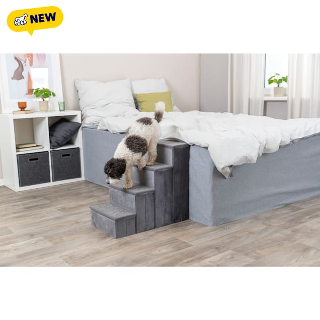 TRIXIE Grey Velour Foldable 4-Step Pet Stairs With Storage, 25.6" L X 15" W X 22.8" H - Carousel image #1