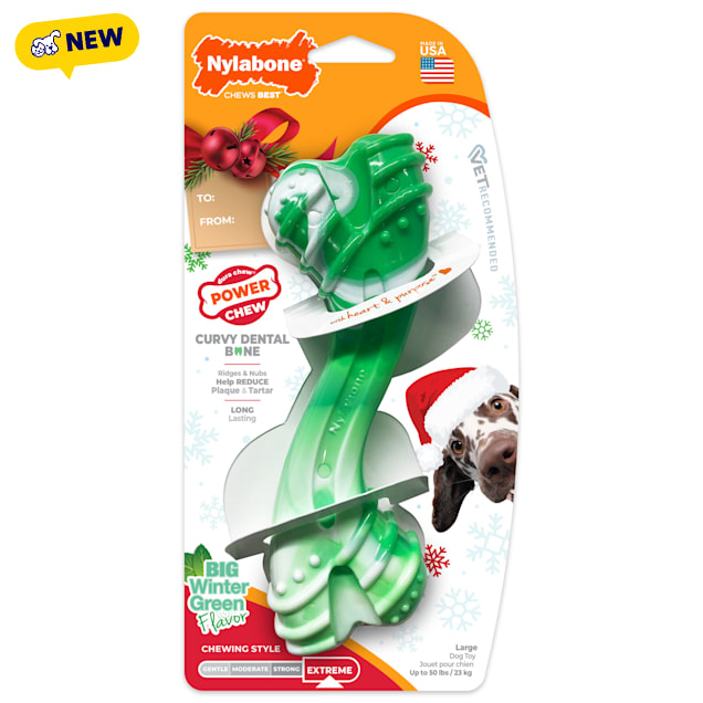 Nylabone Wintergreen Holiday Power Curvy Dental Bone Chew Dog Toy, Large - Carousel image #1
