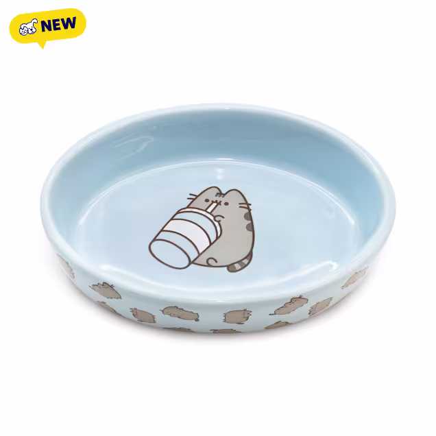 Pusheen Blue Oval "Thirsty" Ceramic bowl for Cats, 6.25" L X 1.5" W X 4.5" H, April Showers - Carousel image #1