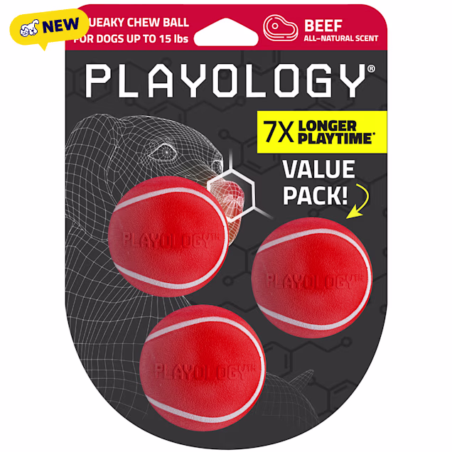 Playology Beef Scented Squeaky Chew Ball Dog Toy, Small, Pack of 3 - Carousel image #1