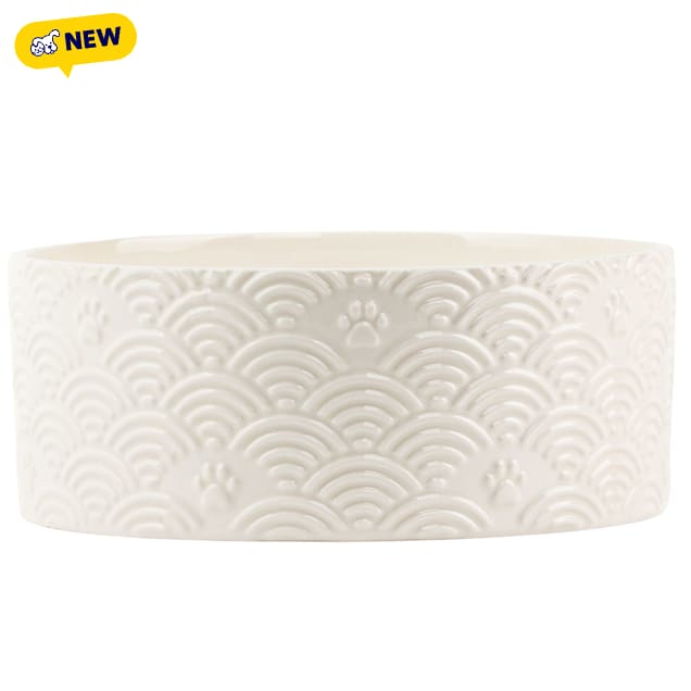 10 Strawberry Street Embossed Wave Paw Pet Dish, White, Large - Carousel image #1