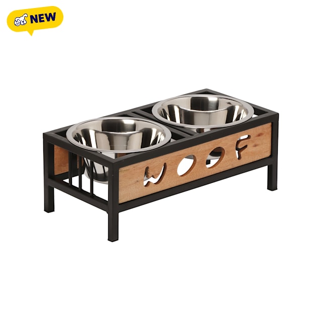 10 Strawberry Street Rocky Metal and Mango Wood Elevated Double Feeder for Dogs, Medium - Carousel image #1
