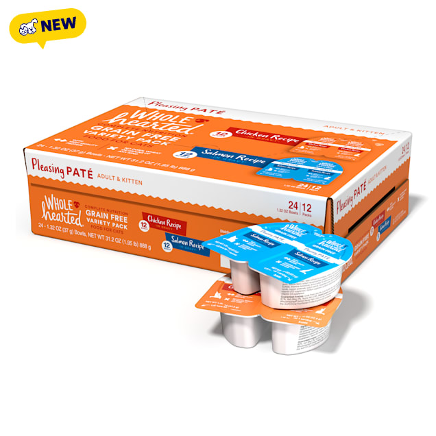 WholeHearted Grain-Free Chicken & Grain-Free Salmon Pleasing Pate Split Cup Cat Food Variety Pack, 2.6 oz., Count of 12 - Carousel image #1