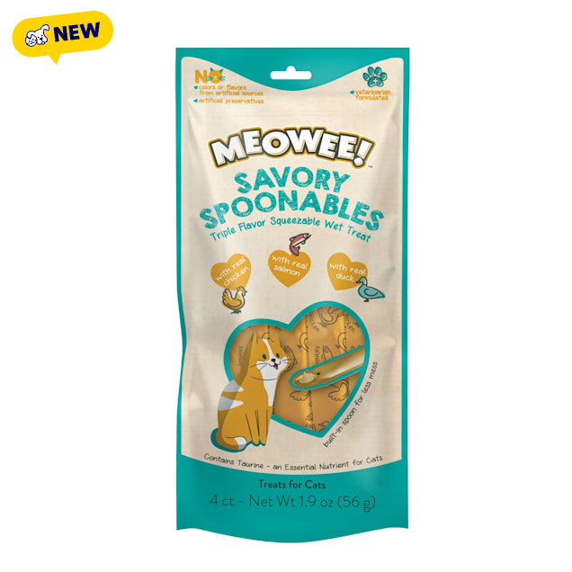 Meowee! Savory Spoonables with Real Chicken, Salmon & Duck Cat Treats, 0.48 oz., Count of 4 - Carousel image #1