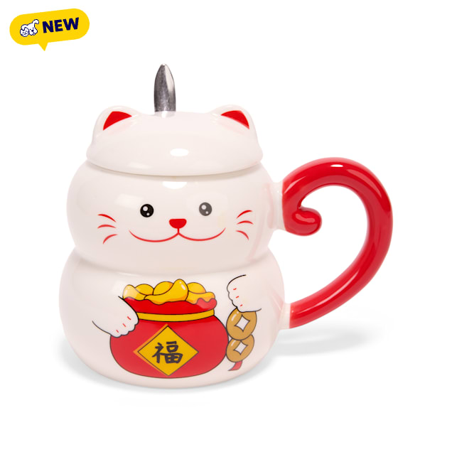 Petco Fortune Cat Ceramic Mug & Spoon Set, White - Carousel image #1