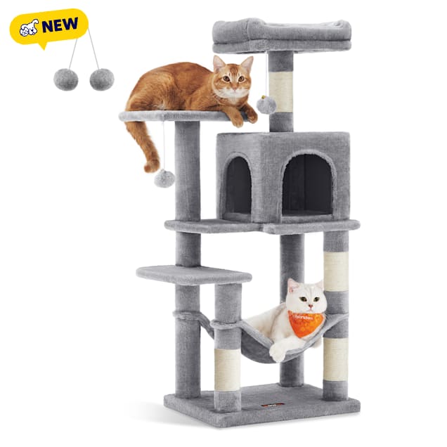 SONGMICS HOME Plush Cat Tree - Multi-Level Tower with Hammock, Cave, 2 Perches, 4 Scratching Posts & Pom Poms, Light Grey - Carousel image #1