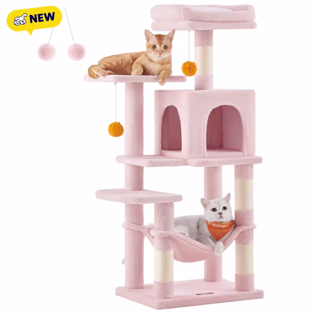SONGMICS HOME Plush Cat Tree - Multi-Level Tower with Hammock, Cave, 2 Perches, 4 Scratching Posts & Pom Poms, Jelly Pink - Carousel image #1