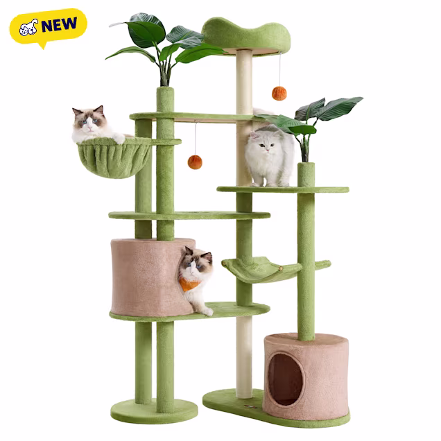 SONGMICS HOME 68.1-Inch Multi-Level Cat Condo Tower with Artificial Leaves, 3 Scratching Posts, Grass Green and Camel Brown - Carousel image #1