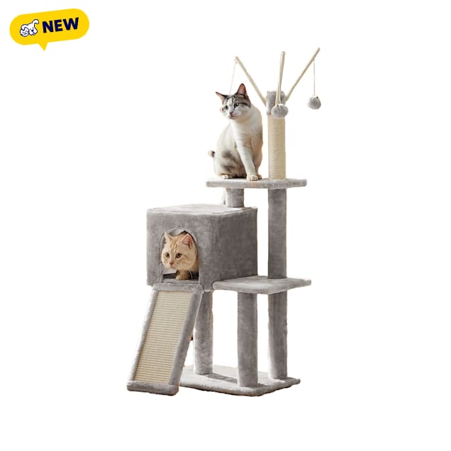 SONGMICS HOME 46.5-Inch Cat Tower for Indoor with Scratching Post, Ramp, 3 Removable Pompom Sticks, Cat Cave, Light Gray - Carousel image #1