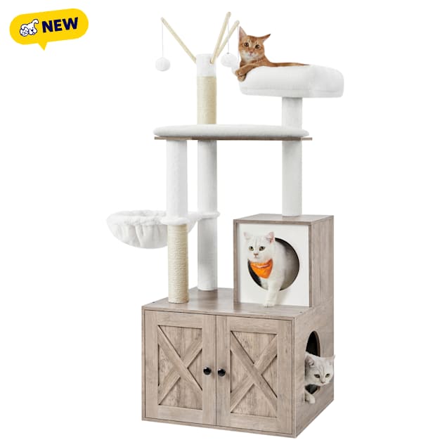 SONGMICS HOME 55.1-Inch Modern Cat Tower with Litter Box Enclosure, Scratching Posts & Removable Pompom Sticks, Greige - Carousel image #1