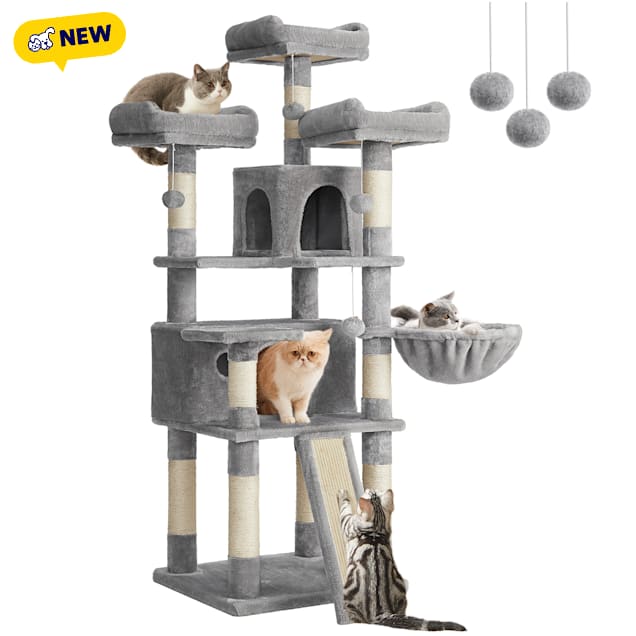 SONGMICS HOME 66.5-Inch Cat Tree for Large Cats with 2 Caves, 3 Plush Perches, Scratching Posts & Activity Center, Light Gray - Carousel image #1