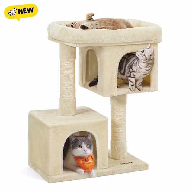SONGMICS HOME 33.1-Inch Large Cat Tower, Cat Tree with 2 Caves, Scratching Post & Spacious Perch for Cats up to 16 lb, Beige - Carousel image #1