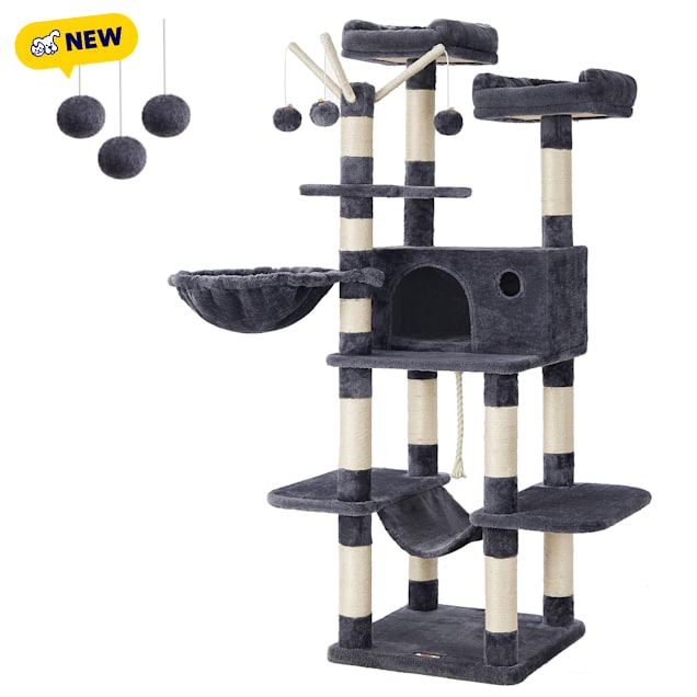 SONGMICS HOME 64.6-Inch Large Cat Tower Activity Center with Hammock, Basket, Removable Fur Ball Sticks & Condo, Smoky Gray - Carousel image #1