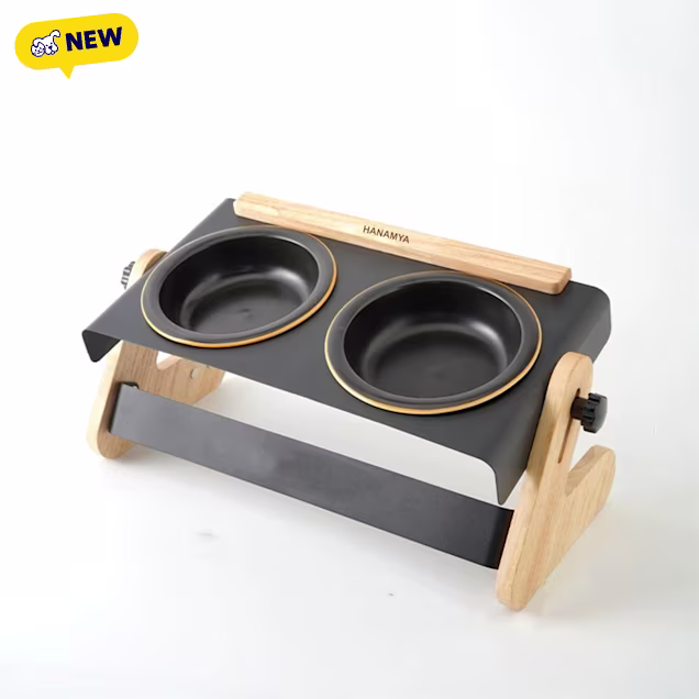 HANAMYA Iron-Wood Stand, Adjustable Height & Angle Pet Bowl Set with Ceramic Bowl, Black - Carousel image #1