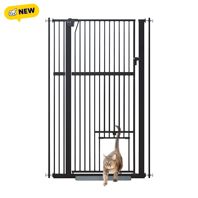 UniPaws 56" H Extra Tall Pet Gate with Pet Door, Black, 31"- 37" W X 1.18" D X 56" H - Carousel image #1