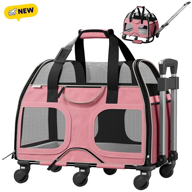 Katziela Luxury Rider Pro Removable Wheels & Double Telescopic Handle Airline-Compliant Dog & Cat Carrier, Pink & White - Carousel image #1